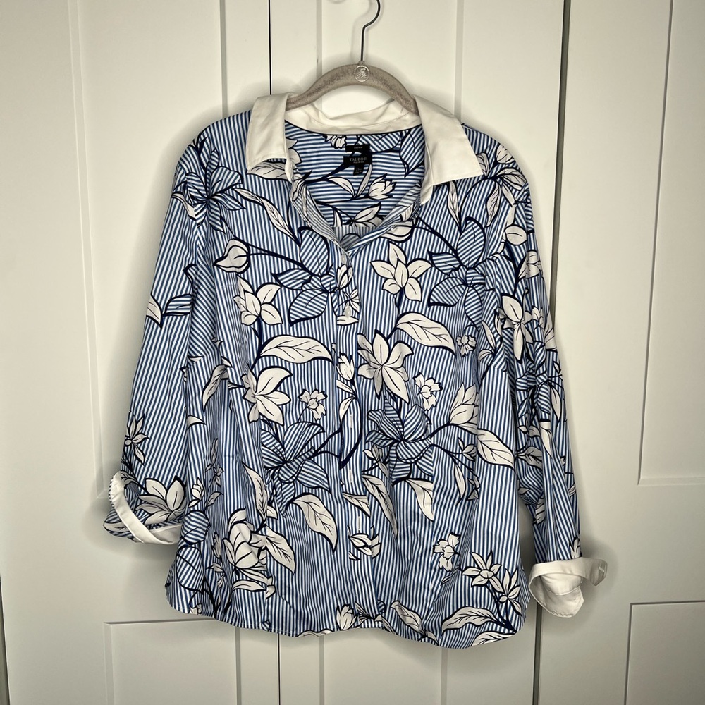 Talbots No Iron Floral Stripe Button Down Shirt Women’s Petite Plus Size 22WP